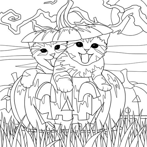 Halloween Kittens in Pumpkin Coloring Page