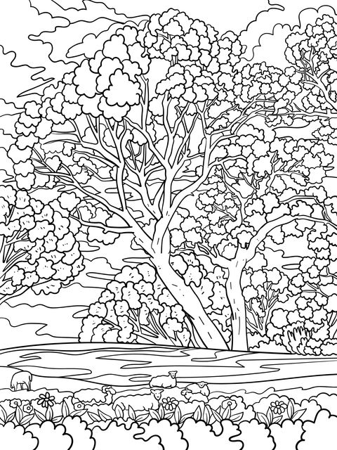 Rural Scenery Coloring Page: Lush Trees and Peaceful Sheep