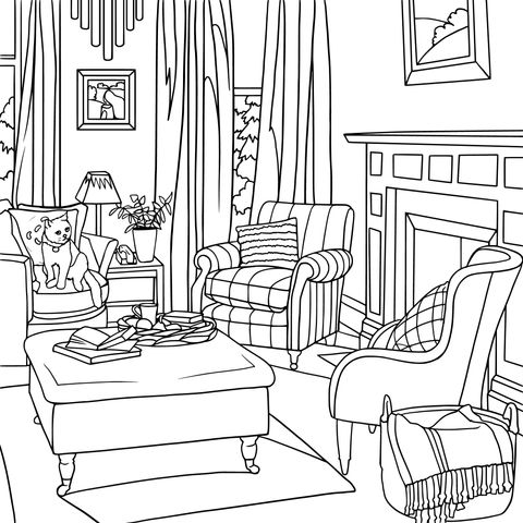 Cozy Living Room - Themed Coloring Page