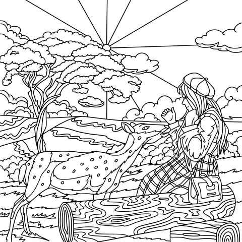 Coloring Page of a Girl and a Fawn in the Outdoors