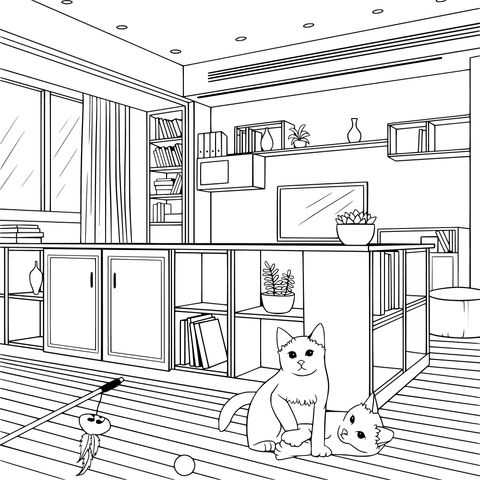 Adorable Cat Home Scene Coloring Page