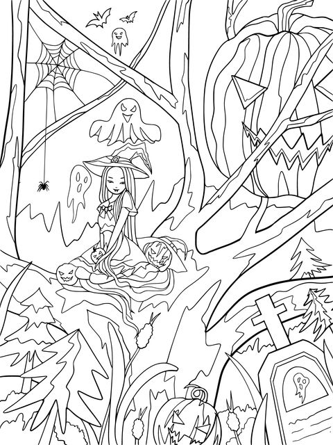 Halloween - themed Coloring Page: A Magical Scene of a Witch and Ghosts