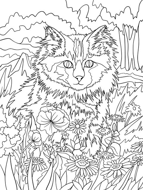 Página de Colorear de un Gato Peludo en un Lecho de Flores