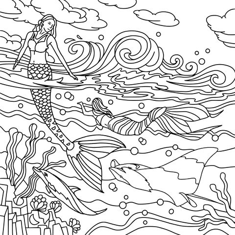 Fantasy Mermaid Underwater World Coloring Page