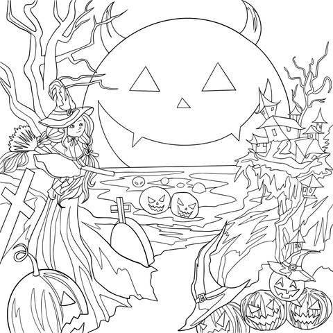 Halloween - themed Coloring Page: A Magical Scene of a Witch and Jack - o'- lanterns