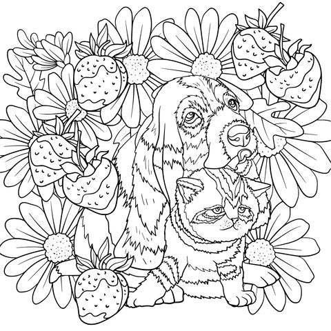 Coloring Page of a Dog, a Cat, Flowers and Strawberries