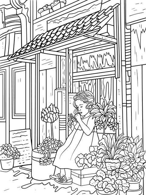 Coloring Page of a Girl in Front of a Flower Stall