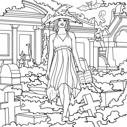 Witch in the Graveyard Coloring Page