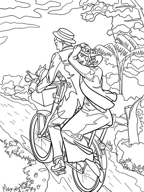 Página de Colorear de una Escena Romántica de Ciclismo