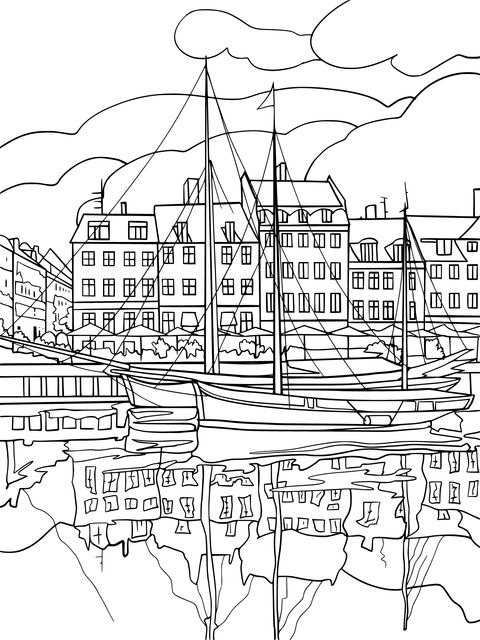 Colorful Coloring Page of a Seaside Town