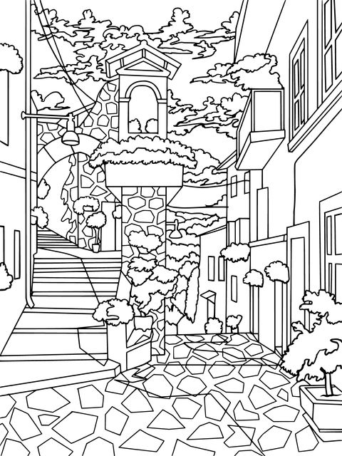 Charming Street Scenery Coloring Page