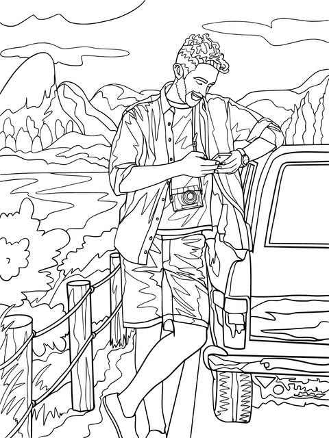 Página de Colorear para Amantes del Viaje: Hombre y Auto en un Paisaje al Aire Libre