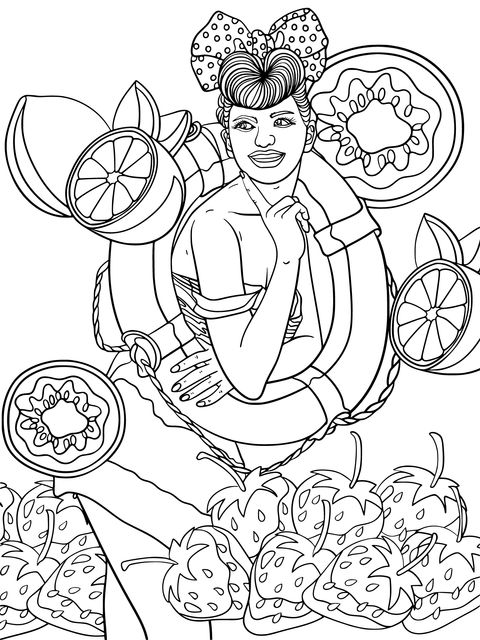 Coloring Page of a Lady Surrounded by Fruits