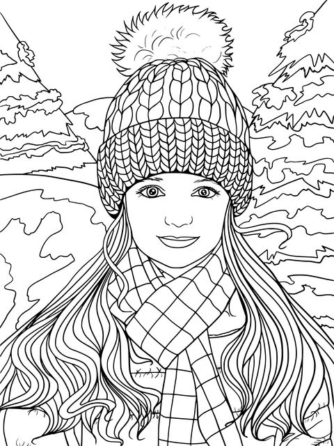 Página de Colorear de una Chica de Invierno: Joven con Cabello Largo, Gorro tejido y Bufanda