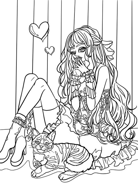 Cute Girl and Cat Coloring Page