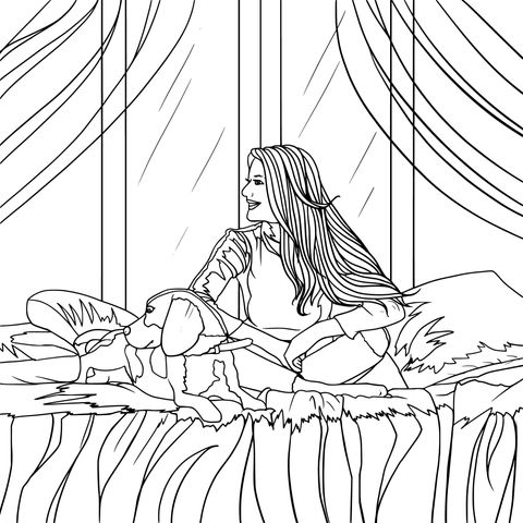 Coloring Page of a Girl and Her Pet Dog in a Cozy Moment