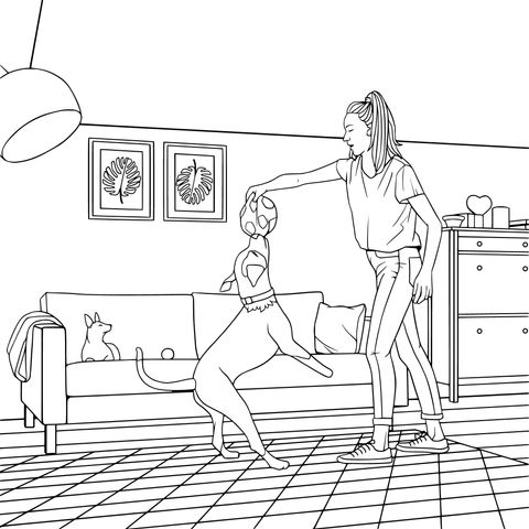 Coloring Page of a Girl Interacting with a Pet Dog