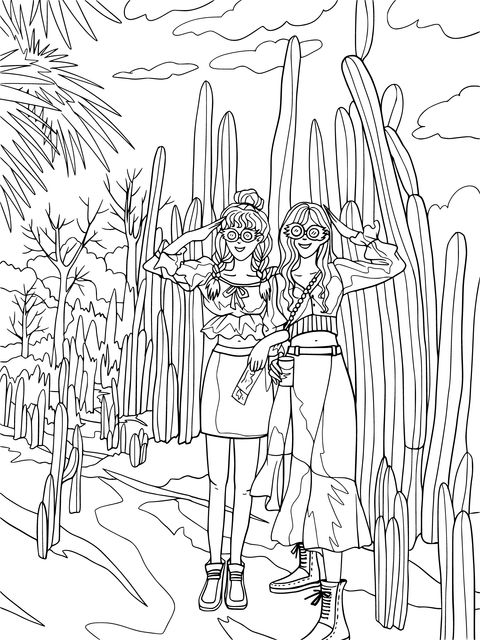 Two girls taking a photo in a cactus grove