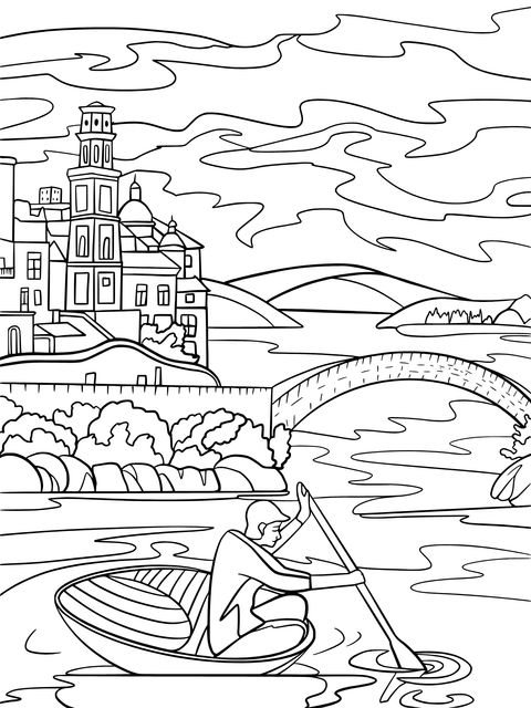 Rowing by the River Scenery Coloring Page