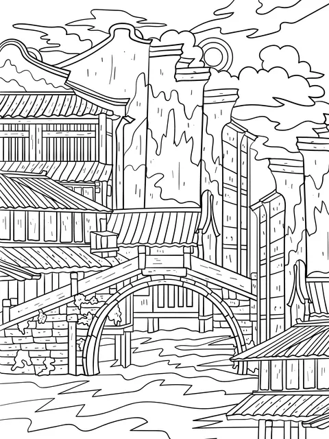 Scenery of Ancient Bridge and Water - town