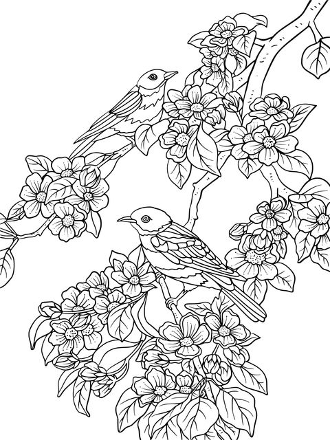 鳥と花の塗り絵ページ：枝に並んだ2羽の鳥と咲き乱れる花