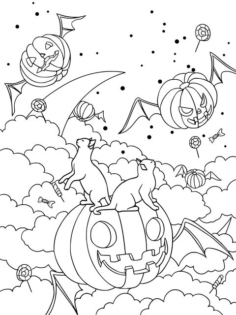 Dreamy Halloween Coloring Page: A Magical Night of Pumpkins, Black Cats and Bats