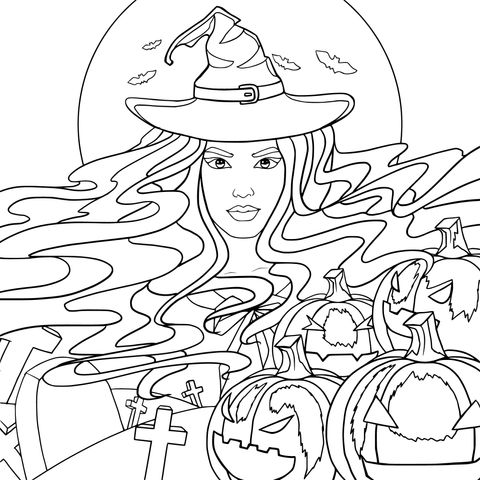 Halloween Witch - themed Coloring Page