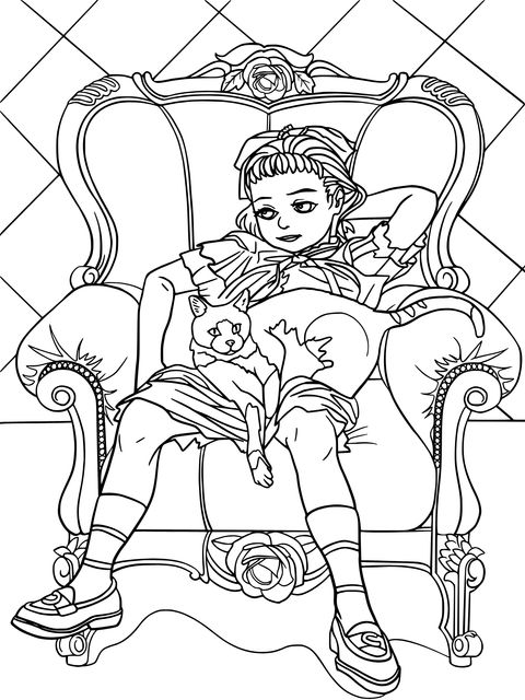 Heart - warming Scene of a Girl and a Cat Coloring Page