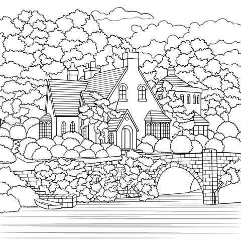 Rural Cottage Landscape Coloring Page