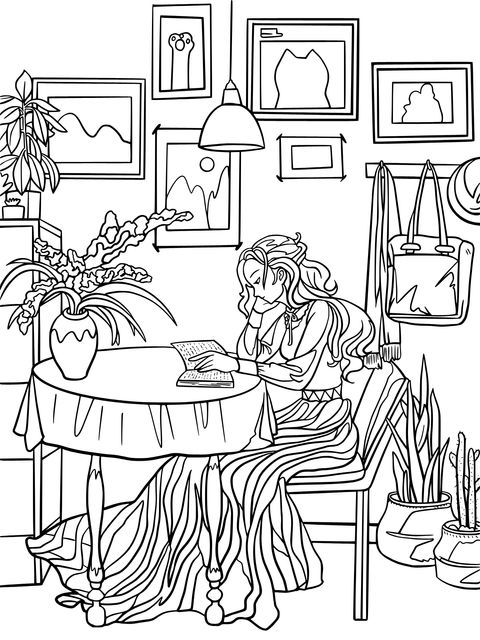 Indoor Reading Scene Coloring Page