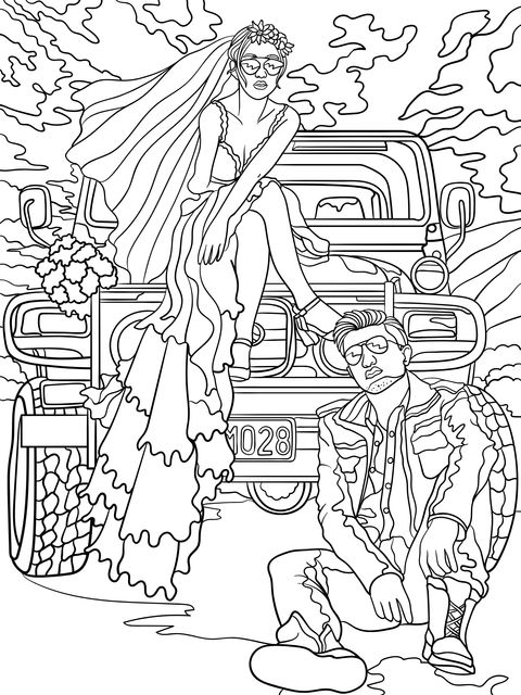 Unique Wedding - themed Couple Coloring Page Illustration