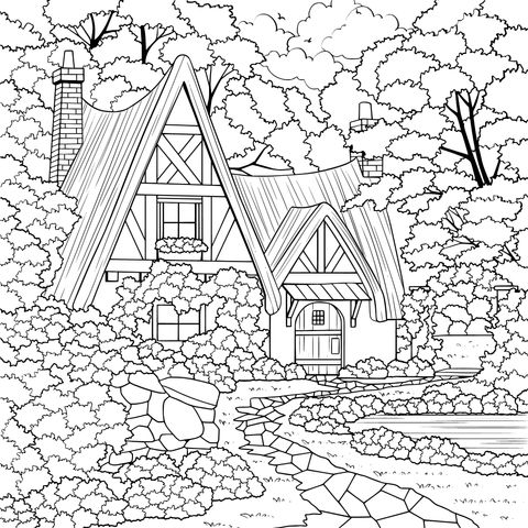 Rural Cottage Landscape Coloring Page