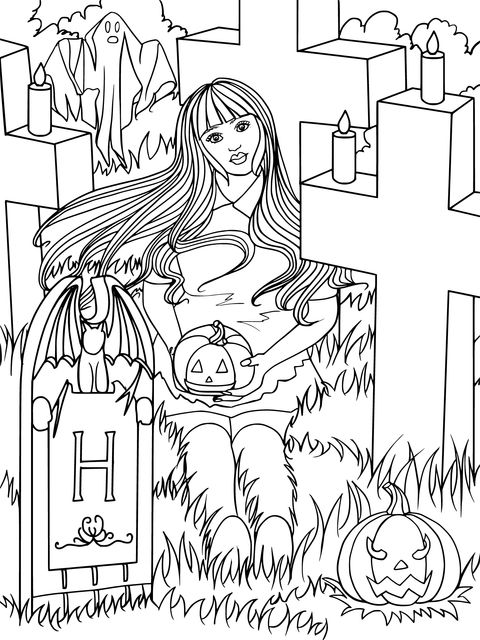 Halloween - themed Coloring Page: A Girl and Ghosts in the Graveyard