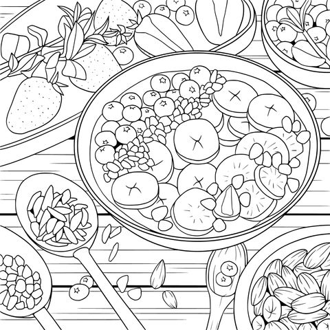 Delicious Fruit and Nut Breakfast Coloring Page