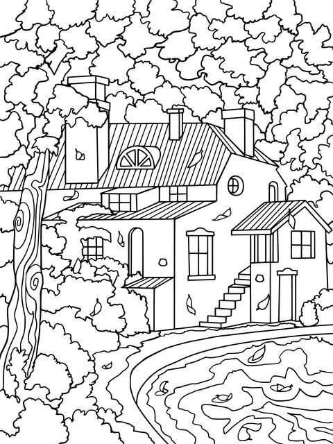 Autumn Red House and Pond Coloring Page