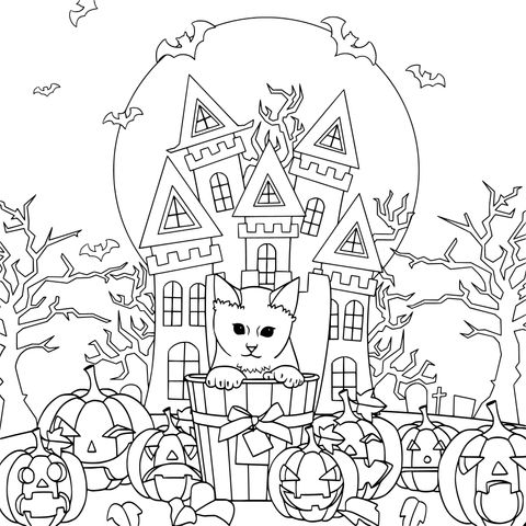 Página de colorir de gato e castelo de Halloween