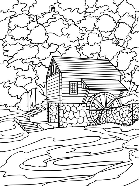 Vintage Water - wheel House in a Pastoral Scene Coloring Page