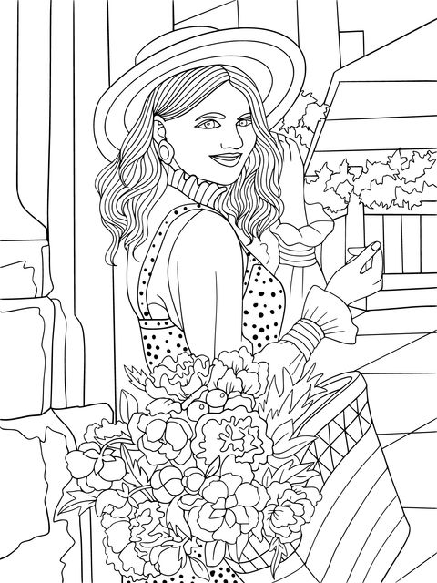 Fashionable Woman Holding Flowers Coloring Page