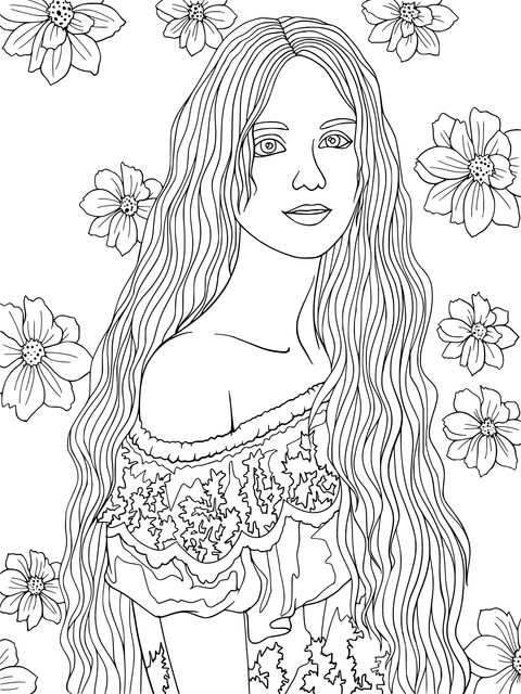 Página de colorear de una chica de cabello largo y flores