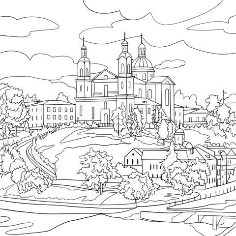 Beautiful Church Landscape Coloring Page