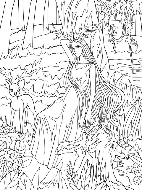 Forest Sprite Girl and Fawn Coloring Page