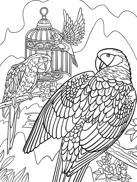 Colorful Parrots Coloring Page