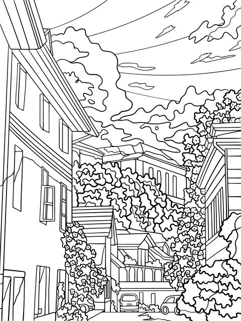 Coloring Page of a Colorful Street Scene