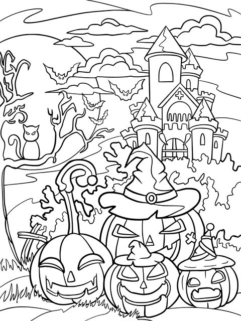 Halloween - themed Coloring Page: Pumpkins, Witch Hats and a Castle