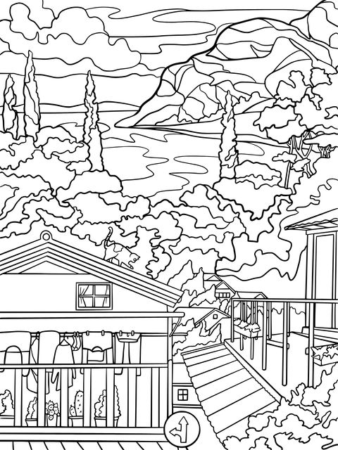 Lakeside Village Landscape Coloring Page