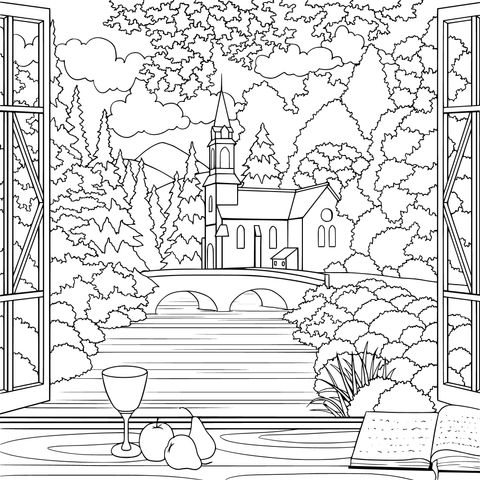 Window - view Coloring Page: Church, Forest and River Scene