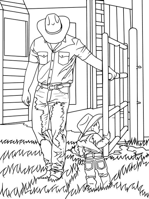 Cowboy Father - Son Scene Coloring Page