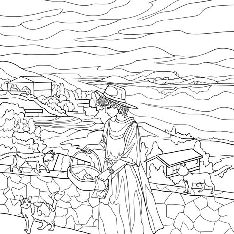 Lady Feeding Cats in Countryside Coloring Page