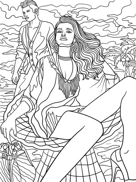 Fashionable Man and Woman by the Seaside Coloring Page