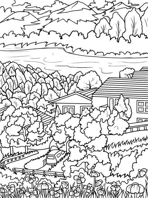 Autumn Lakeside Cottage Coloring Page